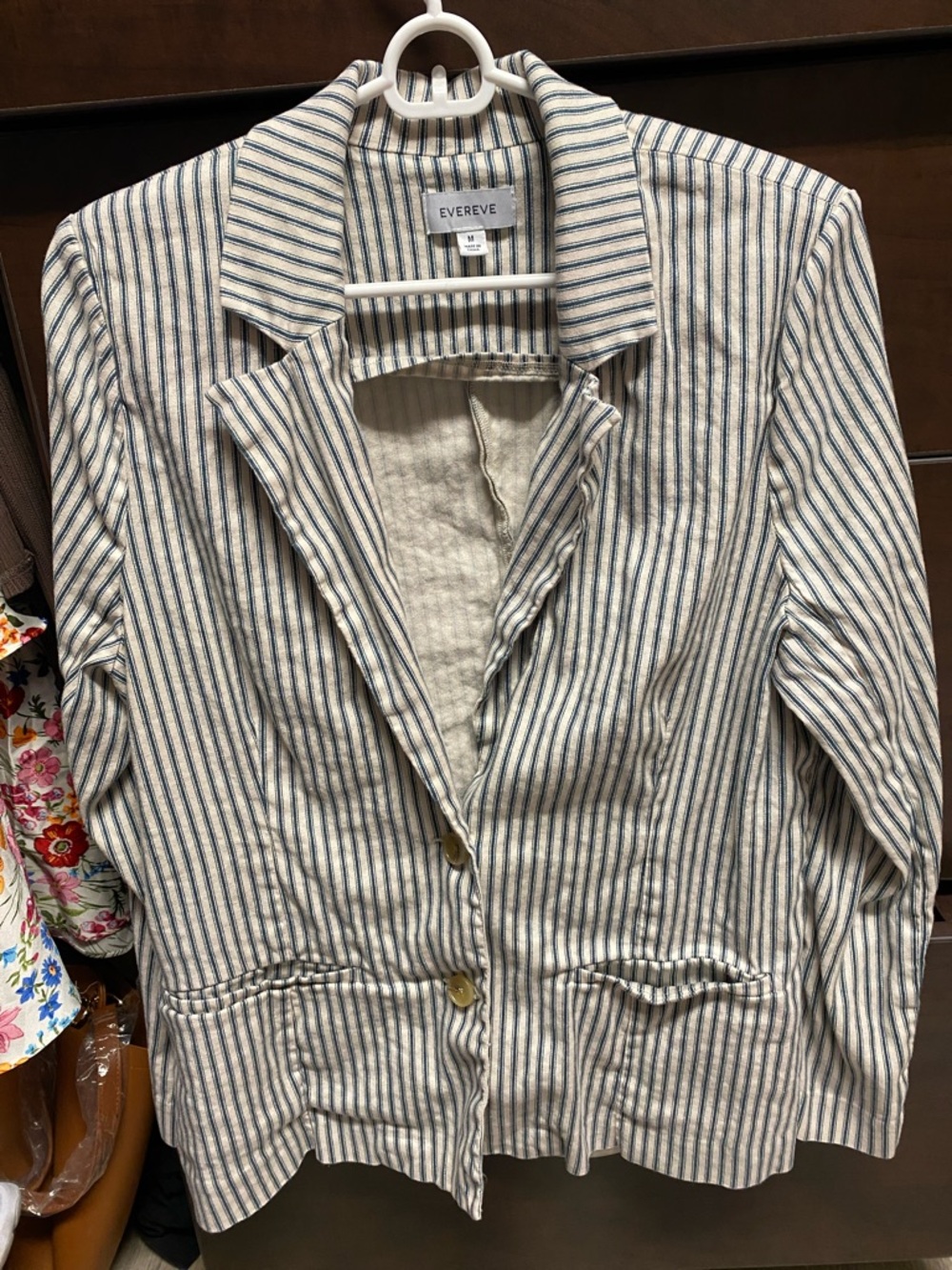Evereve Blue & Cream Striped Linen-Blend Blazer